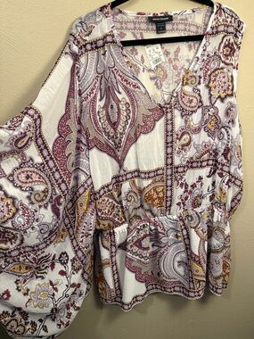 Ashley Stewart NWT White Purple Paisley One Shoulder Boho Blouse Women’s Size 22